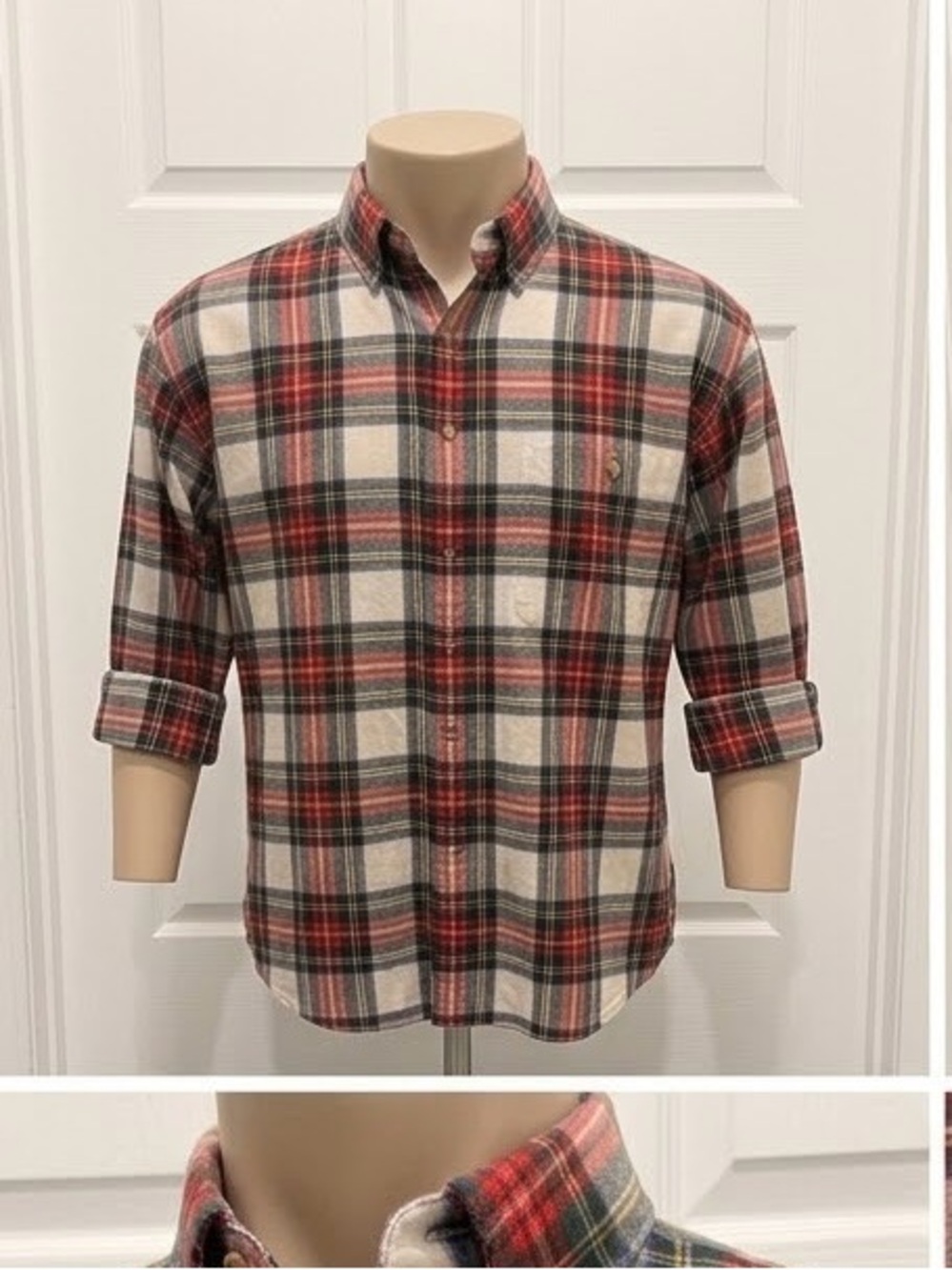 Lands' End Men's Red, White & Navy Plaid Button-Down Shirt